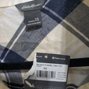 Eddie Bauer Women's Blue and Cream Plaid Shirt